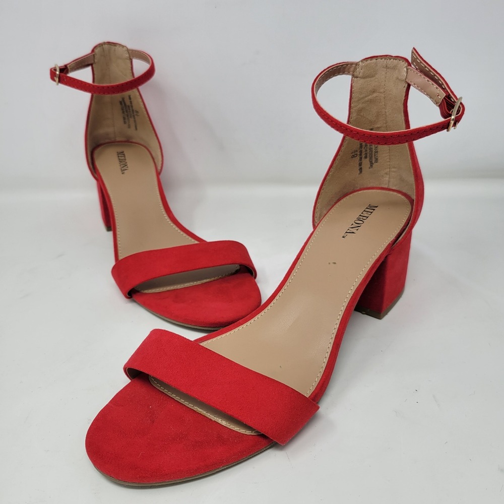 Merona Womens Red Ankle Strap Block Heel Sandals Size‎ 8.5 Open Toe Chunky Heel